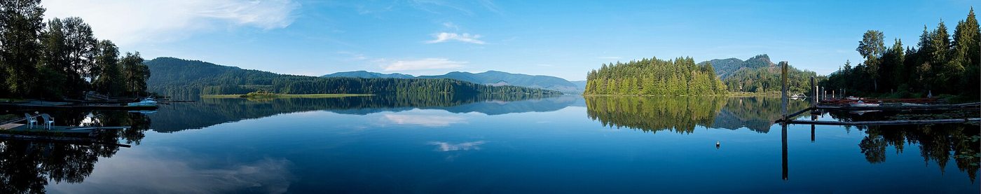 Early morning on Marble Bay. 180 degree panorama, merged in photoshop from 18 vertical shots. Cowichan Lake, Vancouver I