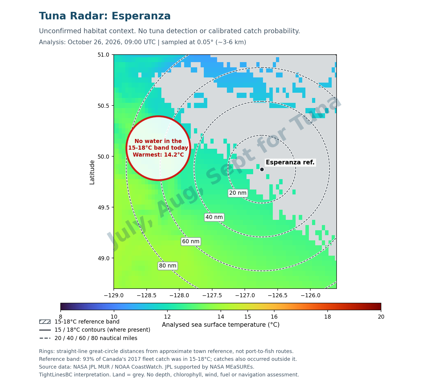 Temperature-based potential tuna water near Esperanza offshore: 15 to 18 degree Celsius reference band, October 17 2026, with 20, 40, 60, 80 nautical-mile rings. Unconfirmed habitat, not tuna detection.