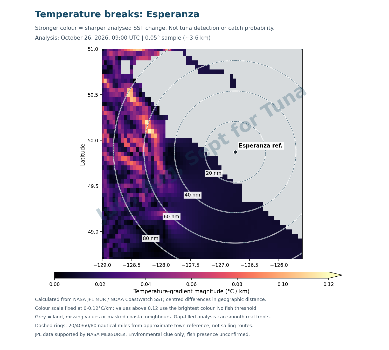 Analysed temperature gradient near Esperanza offshore, October 17 2026. Environmental clue only, not fish detection.